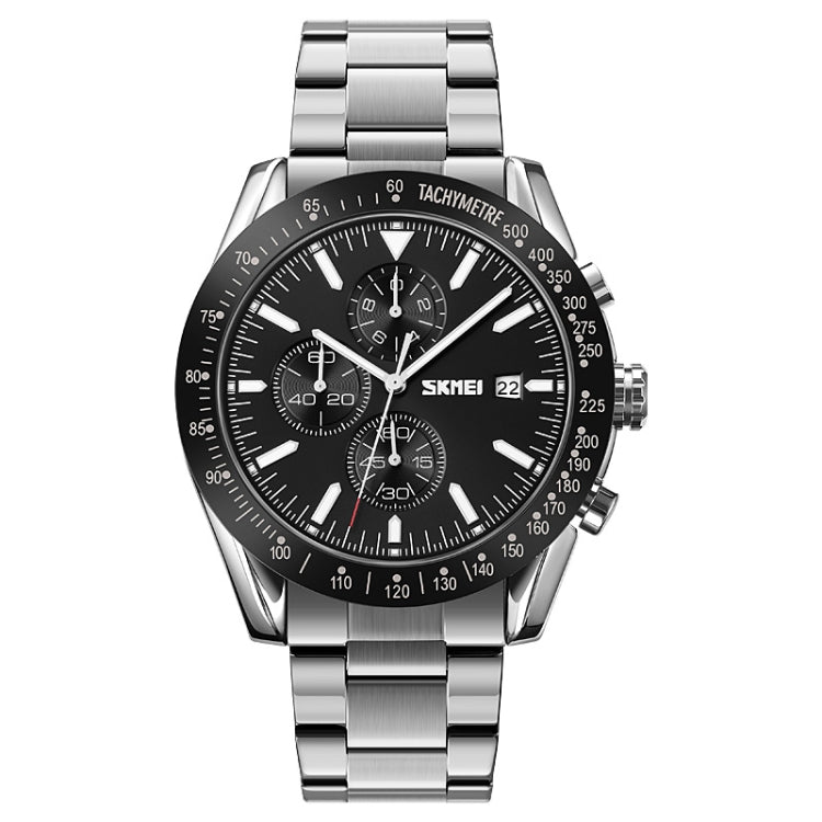 SKMEI 9253 Montre à quartz pour hommes avec chronomètre, date et bracelet en acier inoxydable à six aiguilles