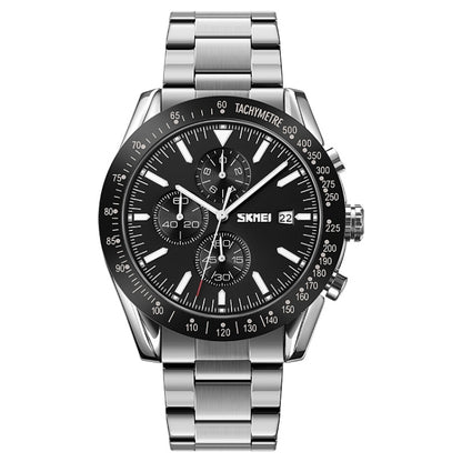 SKMEI 9253 Montre à quartz pour hommes avec chronomètre, date et bracelet en acier inoxydable à six aiguilles