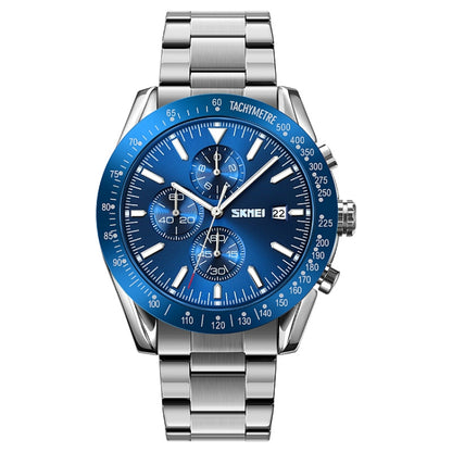 SKMEI 9253 Montre à quartz pour hommes avec chronomètre, date et bracelet en acier inoxydable à six aiguilles