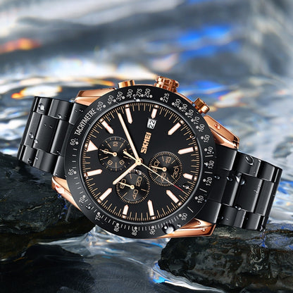 SKMEI 9253 Montre à quartz pour hommes avec chronomètre, date et bracelet en acier inoxydable à six aiguilles