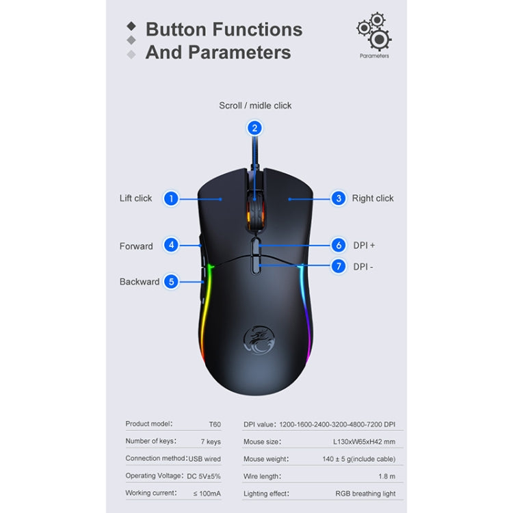 iMICE T60 7-key Custom Colorful Luminous Wired Honeycomb Gaming Mouse, Cable Length: 1.8m