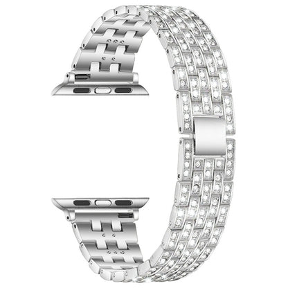 Five-beads Diamond Steel Replacement Strap Watchband For Apple Watch Series, 7 41mm / 6 & SE & 5 & 4 40mm / 3 & 2 & 1 38mm, 7 45mm / 6 & SE & 5 & 4 44mm / 3 & 2 & 1 42mm