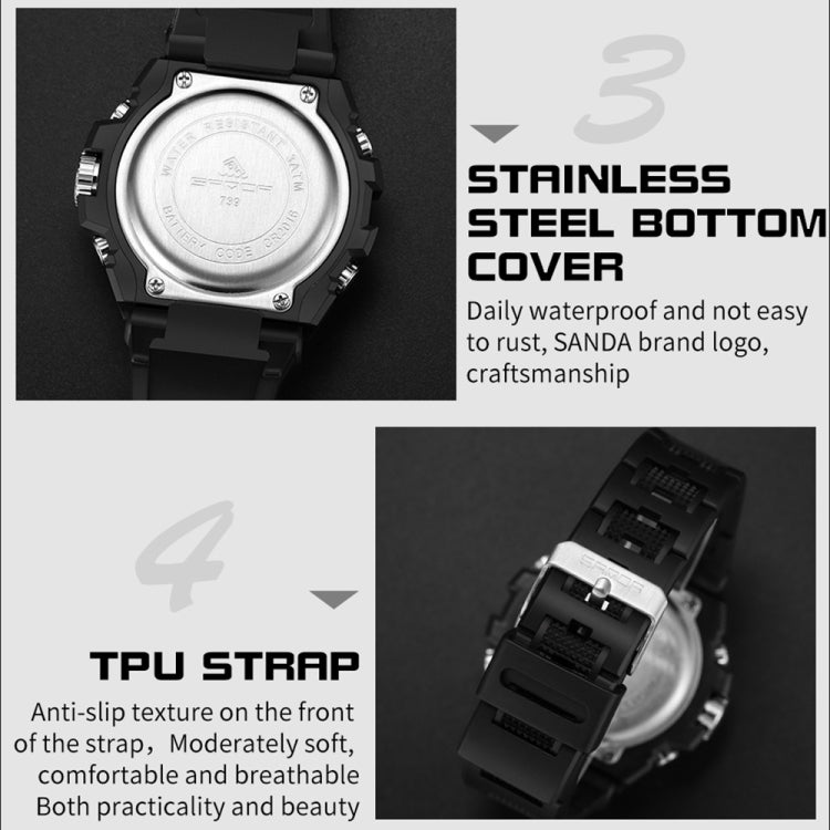 Montre de sport à quartz pour hommes SANDA avec double affichage numérique, chronomètre lumineux et réveil