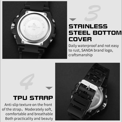 Montre de sport à quartz pour hommes SANDA avec double affichage numérique, chronomètre lumineux et réveil