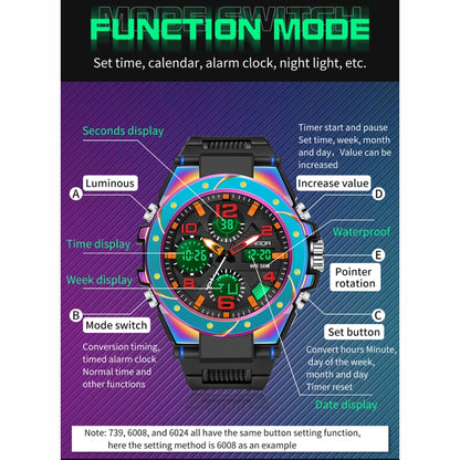 Montre de sport à quartz pour hommes SANDA avec double affichage numérique, chronomètre lumineux et réveil