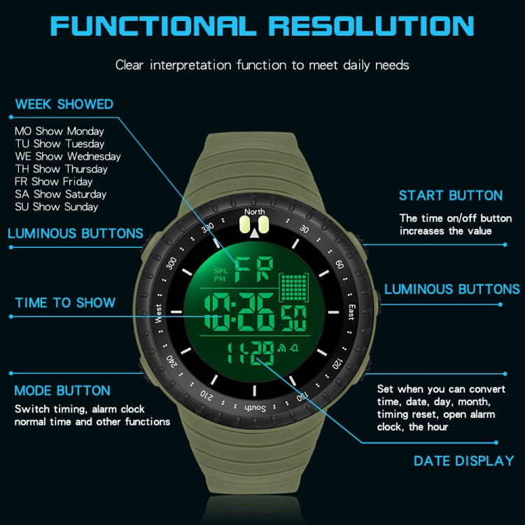 SANDA 6071 Montre électronique de sport multifonctionnelle pour homme avec écran numérique LED à trois compartiments, affichage lumineux et chronomètre.