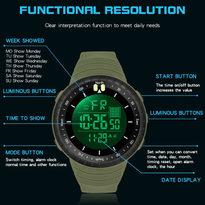 SANDA 6071 Montre électronique de sport multifonctionnelle pour homme avec écran numérique LED à trois compartiments, affichage lumineux et chronomètre.