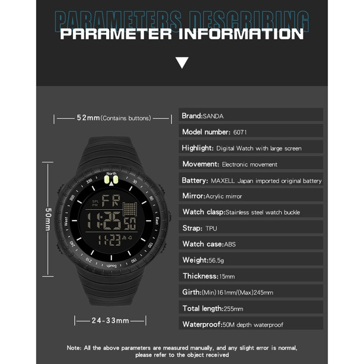 SANDA 6071 Montre électronique de sport multifonctionnelle pour homme avec écran numérique LED à trois compartiments, affichage lumineux et chronomètre.