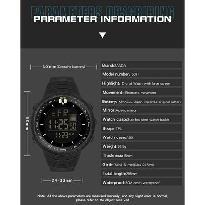 SANDA 6071 Montre électronique de sport multifonctionnelle pour homme avec écran numérique LED à trois compartiments, affichage lumineux et chronomètre.