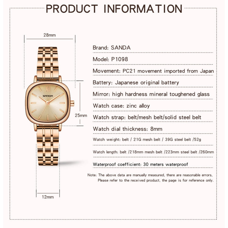SANDA P1098 Montre à quartz pour femme avec cadran ovale et barre simple