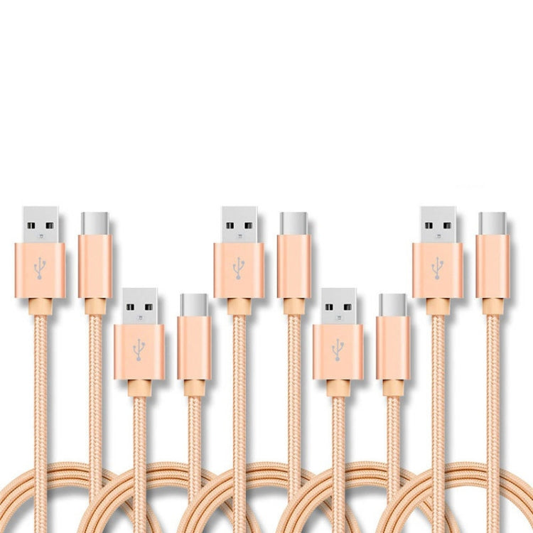 5 PCS USB to USB-C / Type-C Nylon Braided Charging Data Transmission Cable, 1m, 2m, 3m