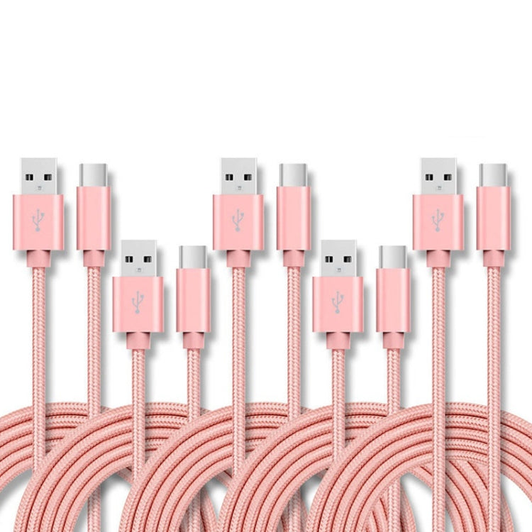 5 PCS USB to USB-C / Type-C Nylon Braided Charging Data Transmission Cable, 1m, 2m, 3m