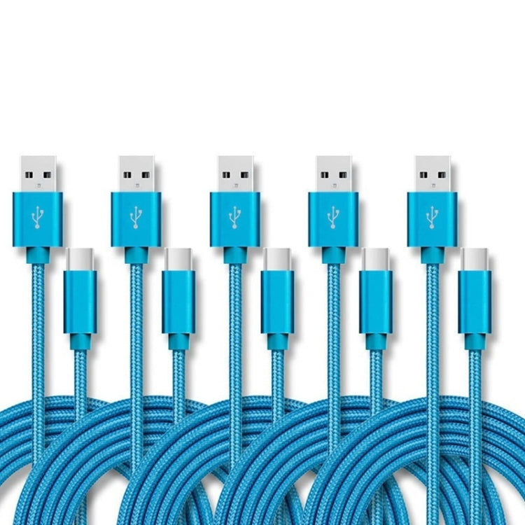 5 PCS USB to USB-C / Type-C Nylon Braided Charging Data Transmission Cable, 1m, 2m, 3m