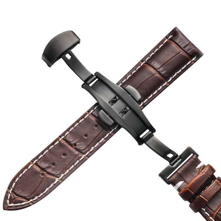 Classic Cowhide Leather Black Butterfly Buckle Replacement Strap Watchband, 14mm, 16mm, 18mm, 20mm, 22mm