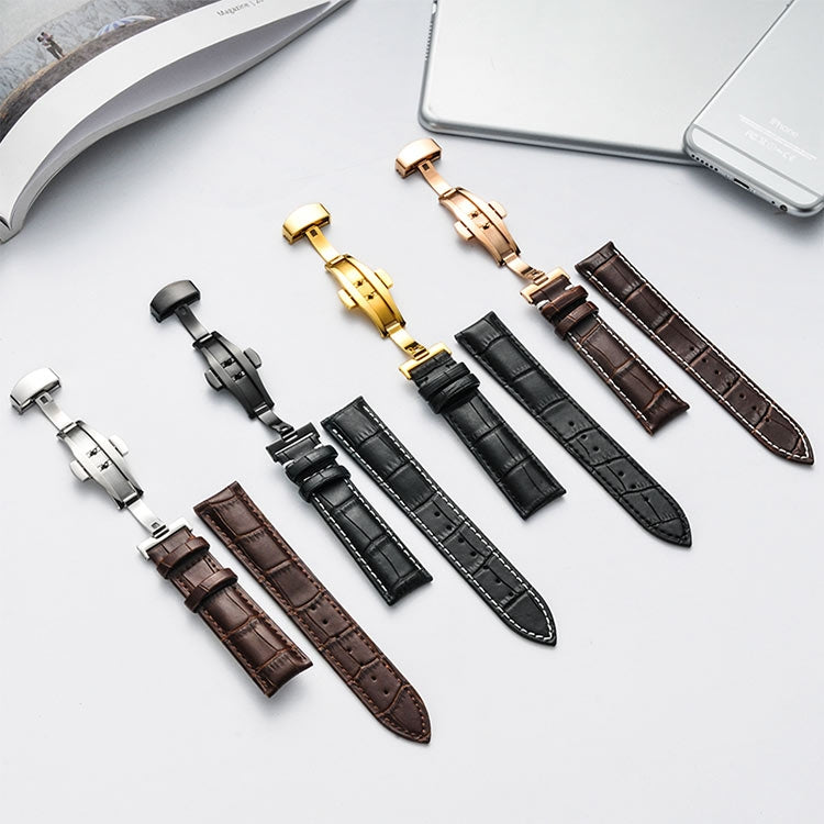Classic Cowhide Leather Black Butterfly Buckle Replacement Strap Watchband, 14mm, 16mm, 18mm, 20mm, 22mm