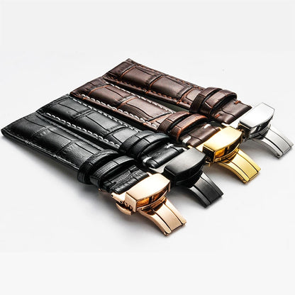 Classic Cowhide Leather Black Butterfly Buckle Replacement Strap Watchband, 10mm, 12mm, 14mm, 16mm, 18mm, 20mm, 22mm, 24mm