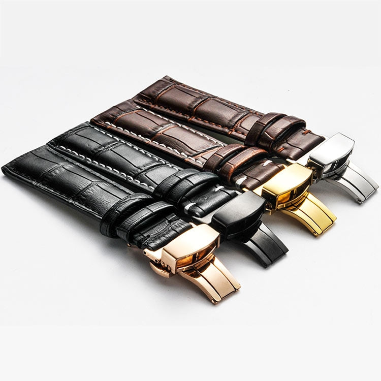 Classic Cowhide Leather Black Butterfly Buckle Replacement Strap Watchband, 14mm, 16mm, 18mm, 20mm, 22mm