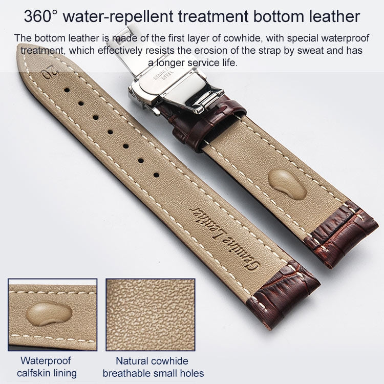 Classic Cowhide Leather Black Butterfly Buckle Replacement Strap Watchband, 14mm, 16mm, 18mm, 20mm, 22mm