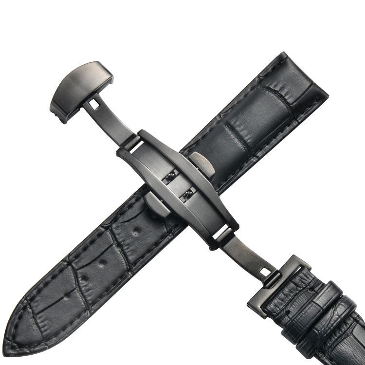 Classic Cowhide Leather Black Butterfly Buckle Replacement Strap Watchband, 14mm, 16mm, 18mm, 20mm, 22mm