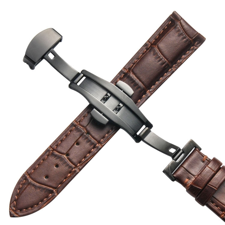 Classic Cowhide Leather Black Butterfly Buckle Replacement Strap Watchband, 14mm, 16mm, 18mm, 20mm, 22mm
