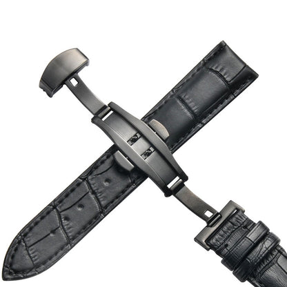 Classic Cowhide Leather Black Butterfly Buckle Replacement Strap Watchband, 14mm, 16mm, 18mm, 20mm, 22mm