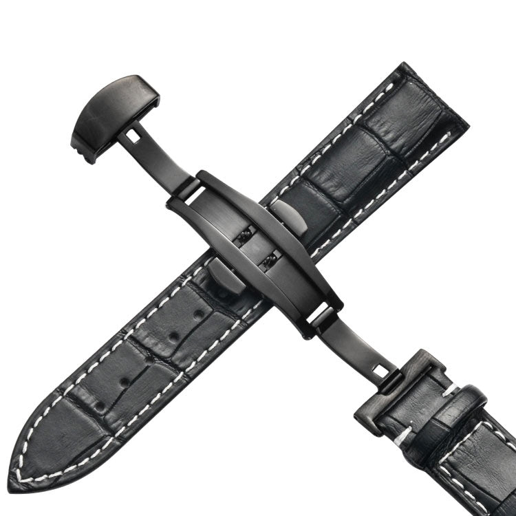Classic Cowhide Leather Black Butterfly Buckle Replacement Strap Watchband, 14mm, 16mm, 18mm, 20mm, 22mm