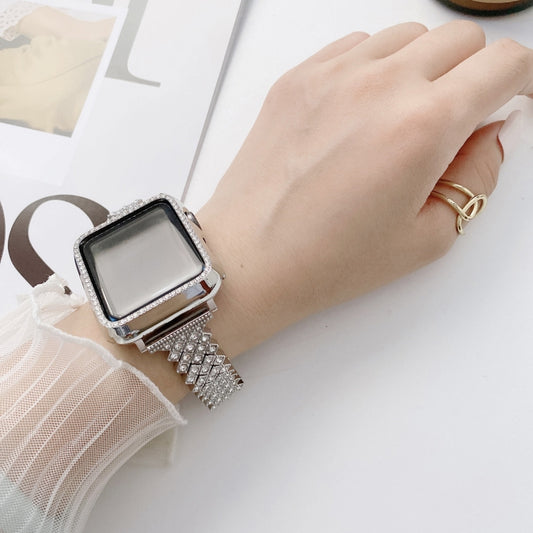 Rhombus Full Diamond Metal Replacement Wrist Strap Watchband + Case For Apple Watch Series, 6 & SE & 5 & 4 40mm, 6 & SE & 5 & 4 44mm, 3 & 2 & 1 42mm, 3 & 2 & 1 38mm