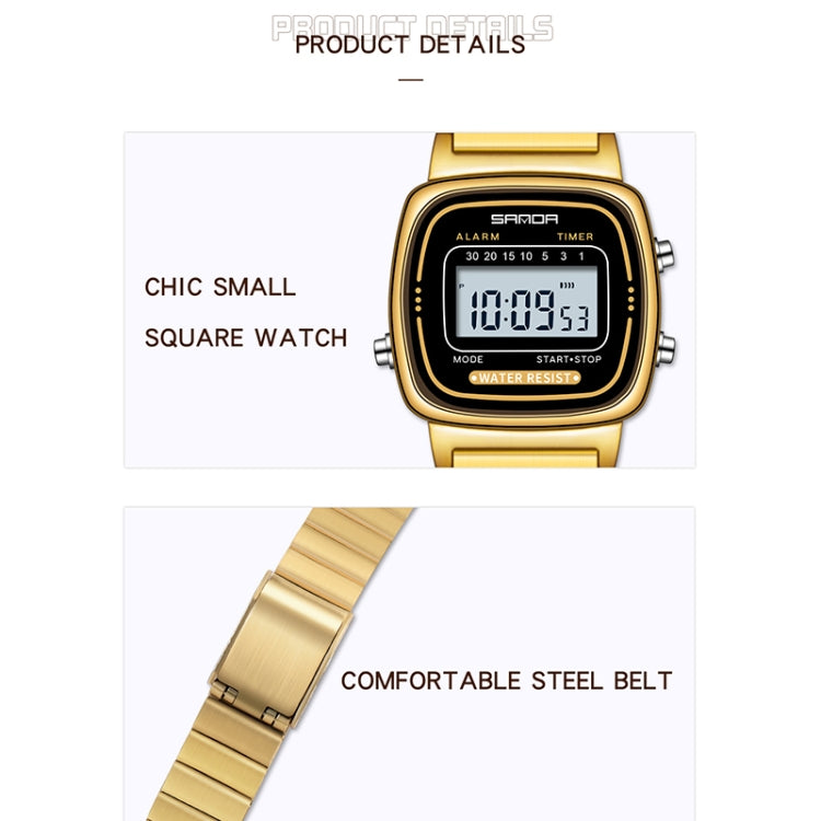 SANDA 6053 Montre électronique pour femme avec affichage numérique LED carré, trotteuse et réveil
