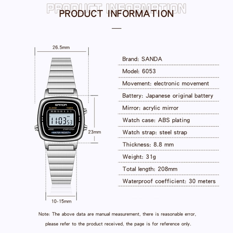SANDA 6053 Montre électronique pour femme avec affichage numérique LED carré, trotteuse et réveil