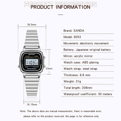 SANDA 6053 Montre électronique pour femme avec affichage numérique LED carré, trotteuse et réveil