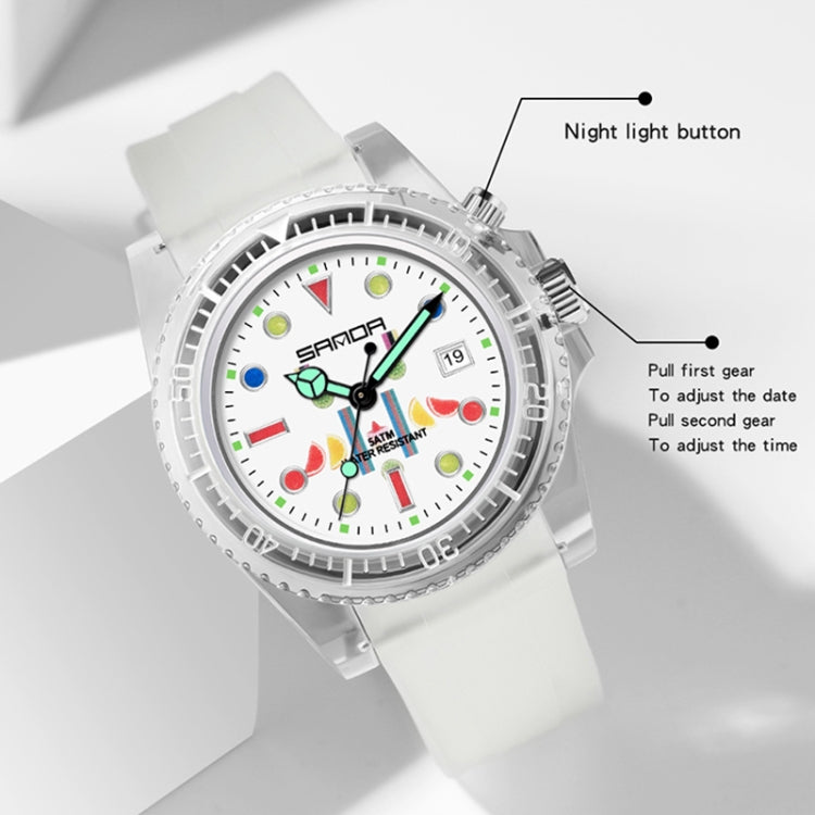 Montre à quartz SANDA 6078 pour femmes avec cadran calendrier fluorescent et bracelet transparent