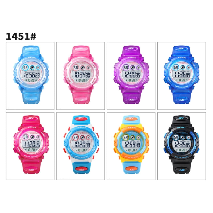 SKMEI 1451 Montre de sport électronique numérique à LED avec chronomètre lumineux pour enfants, 1451(Rose Bleu Transparent), 1451(Violet Transparent), 1451(Bleu Ciel Transparent), 1451(Rose Rouge Transparent), 1451(Coque Blanche Cercle Bleu)