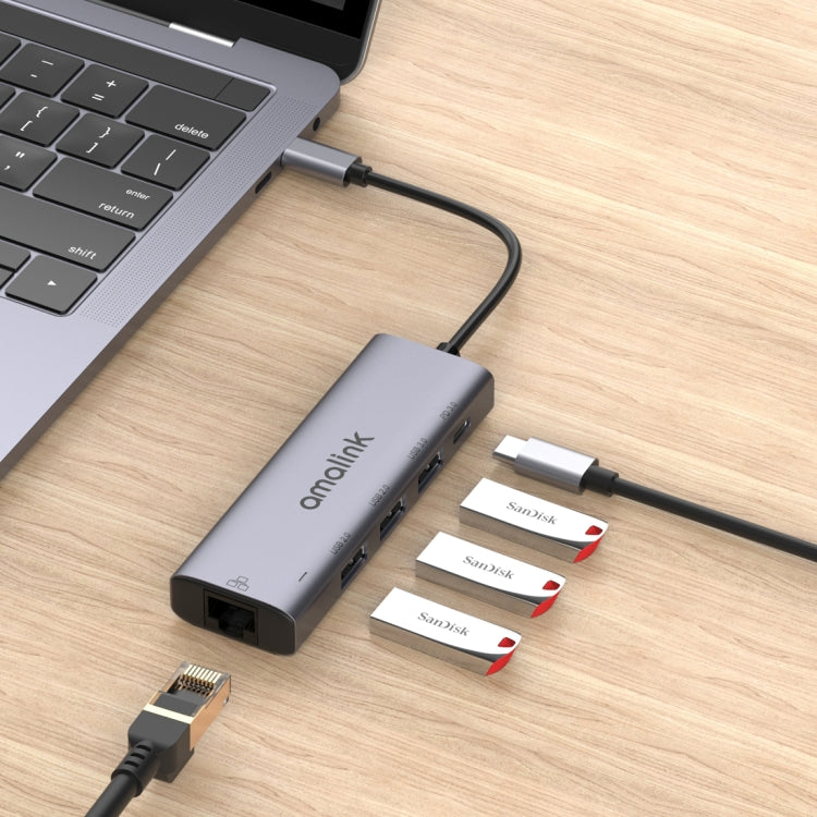 amalink 95121D Type-C / USB-C to RJ45 + 3 Ports USB + PD 3.0 Multi-function HUB, 95121D