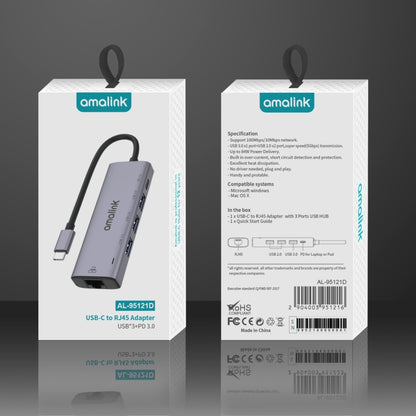 amalink 95121D Type-C / USB-C to RJ45 + 3 Ports USB + PD 3.0 Multi-function HUB, 95121D