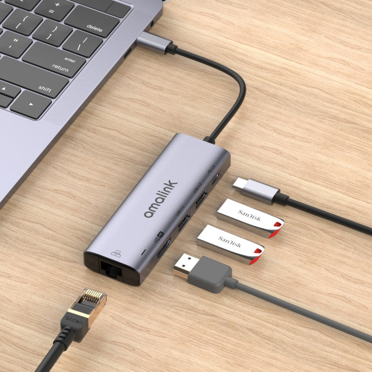 amalink 95125D Type-C / USB-C to HDMI + RJ45 + 2 Ports USB + PD 3.0 Multi-function HUB, 95125D