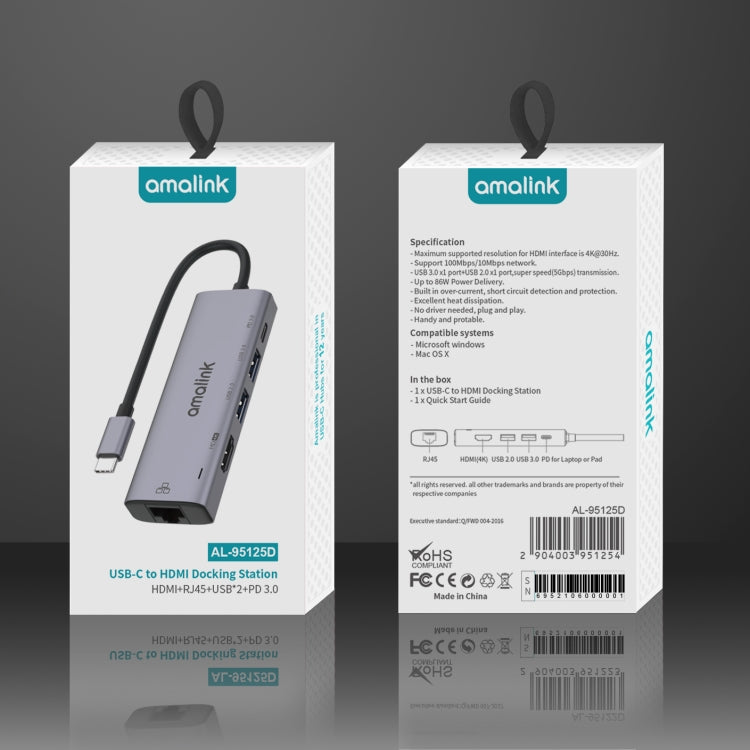 amalink 95125D Type-C / USB-C to HDMI + RJ45 + 2 Ports USB + PD 3.0 Multi-function HUB, 95125D