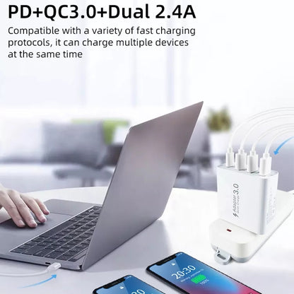 A3 PD 18W USB-C / Type-C + QC3.0 USB + Dual USB Interface Travel Charger, US Plug, EU Plug, UK Plug