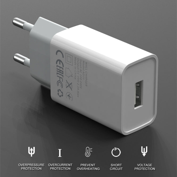 IVON AD-33 2 in 1 2.1A Single USB Port Travel Charger + 1m USB to USB-C / Type-C Data Cable Set,, US Plug