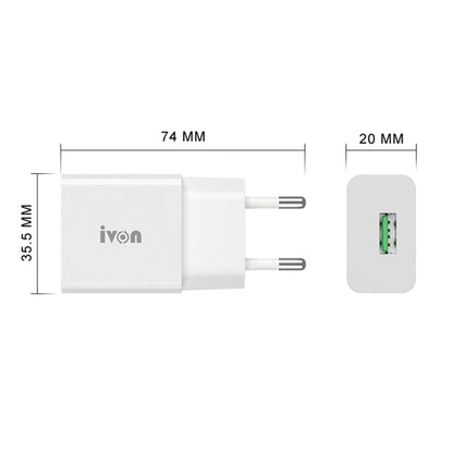 IVON AD-35 2 in 1 18W QC3.0 USB Port Travel Charger + 1m USB to 8 Pin Data Cable Set,, EU Plug, US Plug