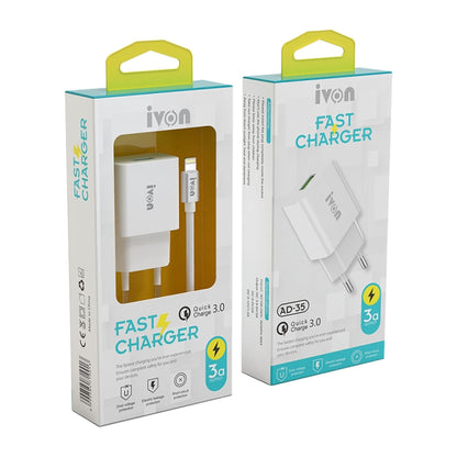 IVON AD-35 2 in 1 18W QC3.0 USB Port Travel Charger + 1m USB to Micro USB Data Cable Set,, EU Plug, US Plug
