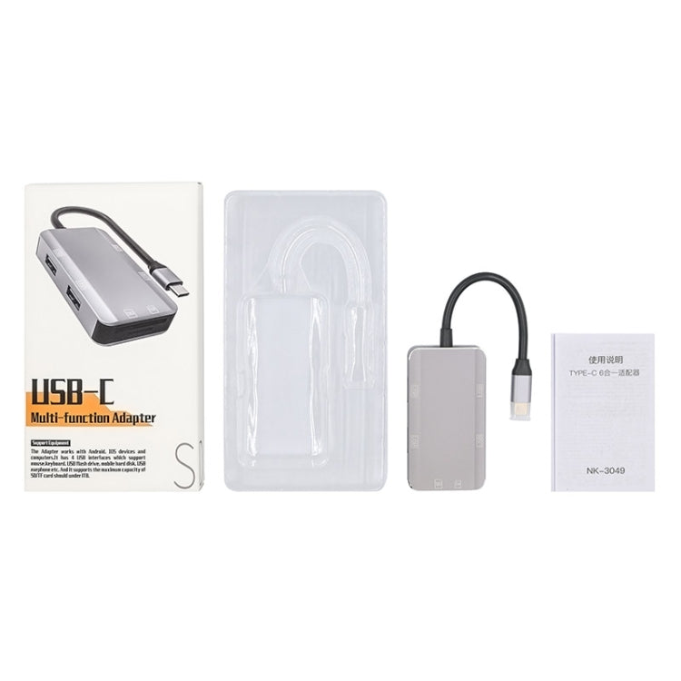 NK-3049 6 in 1 USB-C / Type-C to TF / SD Card Slot + 4 USB Female Adapter, NK-3049
