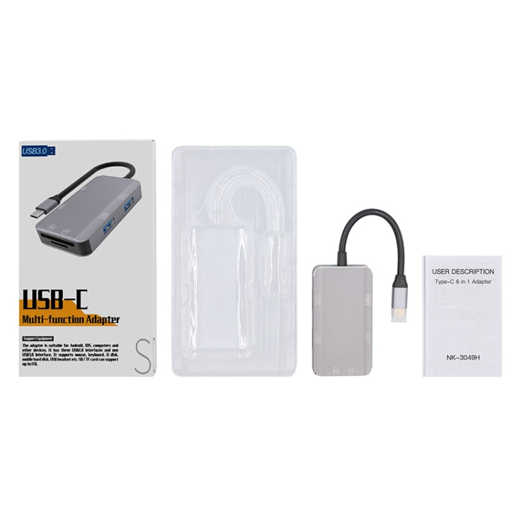 NK-3049H 6 in 1 USB-C / Type-C to TF / SD Card Slot + USB 3.0 + 3 USB 2.0 Female Adapter, NK-3049H