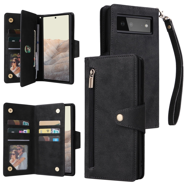 Rivet Buckle 9 Cards Three Fold Leather Phone Case, For Google Pixel 3A, For Google Pixel 3A XL, For Google Pixel 4, For Google Pixel 4A 4G, For Google Pixel 4A 5G, For Google Pixel 4 XL, For Google Pixel 6, For Google Pixel 6 Pro