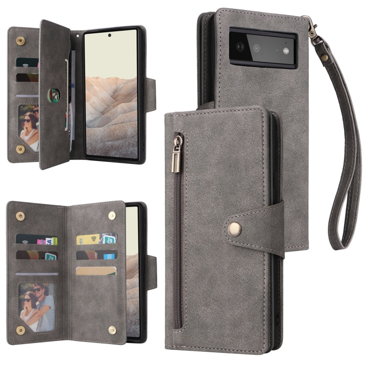 Rivet Buckle 9 Cards Three Fold Leather Phone Case, For Google Pixel 3A, For Google Pixel 3A XL, For Google Pixel 4, For Google Pixel 4A 4G, For Google Pixel 4A 5G, For Google Pixel 4 XL, For Google Pixel 6, For Google Pixel 6 Pro