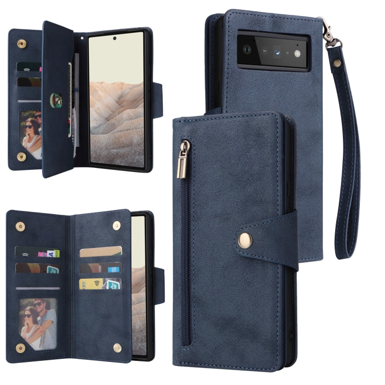 Rivet Buckle 9 Cards Three Fold Leather Phone Case, For Google Pixel 3A, For Google Pixel 3A XL, For Google Pixel 4, For Google Pixel 4A 4G, For Google Pixel 4A 5G, For Google Pixel 4 XL, For Google Pixel 6, For Google Pixel 6 Pro