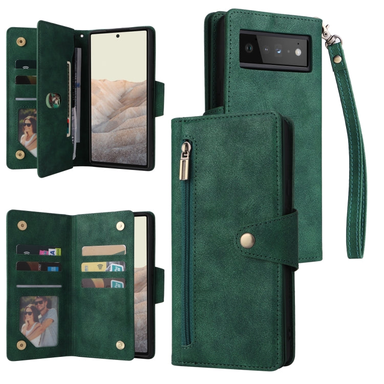 Rivet Buckle 9 Cards Three Fold Leather Phone Case, For Google Pixel 3A, For Google Pixel 3A XL, For Google Pixel 4, For Google Pixel 4A 4G, For Google Pixel 4A 5G, For Google Pixel 4 XL, For Google Pixel 6, For Google Pixel 6 Pro
