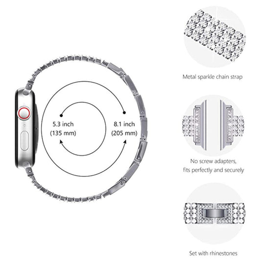 Four-row Diamond-set Metal Watchband For Apple Watch Series, 7 41mm / 6&SE&5&4 40mm / 3&2&1 38mm, 7 45mm / 6&SE&5&4 44mm / 3&2&1 42mm