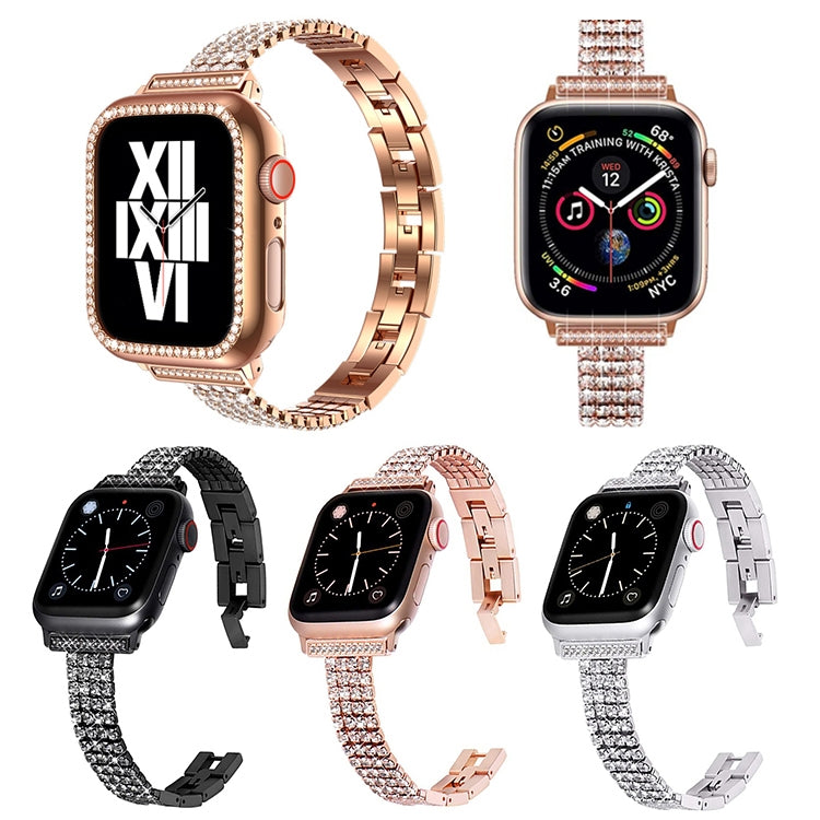 Vierrijige metalen horlogeband met diamanten voor Apple Watch-serie, 7 41 mm / 6&SE&5&4 40 mm / 3&2&1 38 mm, 7 45 mm / 6&SE&5&4 44 mm / 3&2&1 42 mm