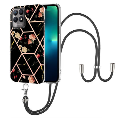 Splicing Marble Flower Pattern TPU Phone Case with Lanyard, For OPPO A15 / A15s, For OPPO A53s 5G / A55 5G / A54 4G / A16, For OPPO A74 5G / A93 5G / A54 5G / A93s 5G, For OPPO A94 5G / A95 5G, For OPPO Realme 8i, For OPPO Realme C21Y, For OPPO Reno6 5...
