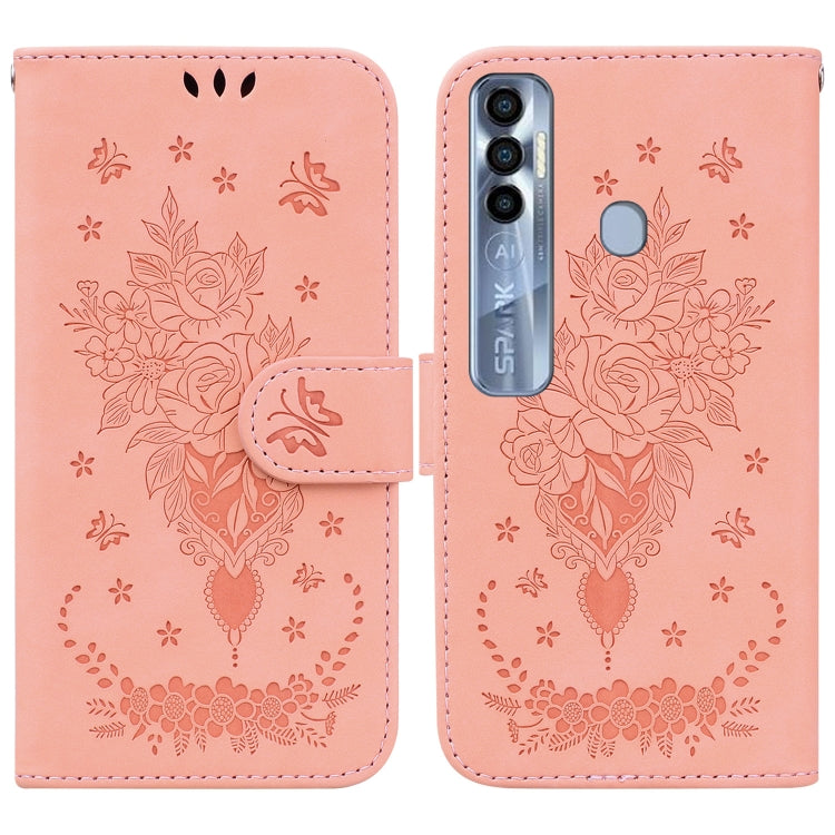 Butterfly Rose Embossed Leather Phone Case, For Tecno Spark 7 Pro, For Tecno Spark 7P, For Tecno Spark 8 / Spark 8T, For Tecno Spark 8P, For Tecno Spark Go 2022 / Spark 8C, For Tecno Spark Go 2022 / Spark 6 Go